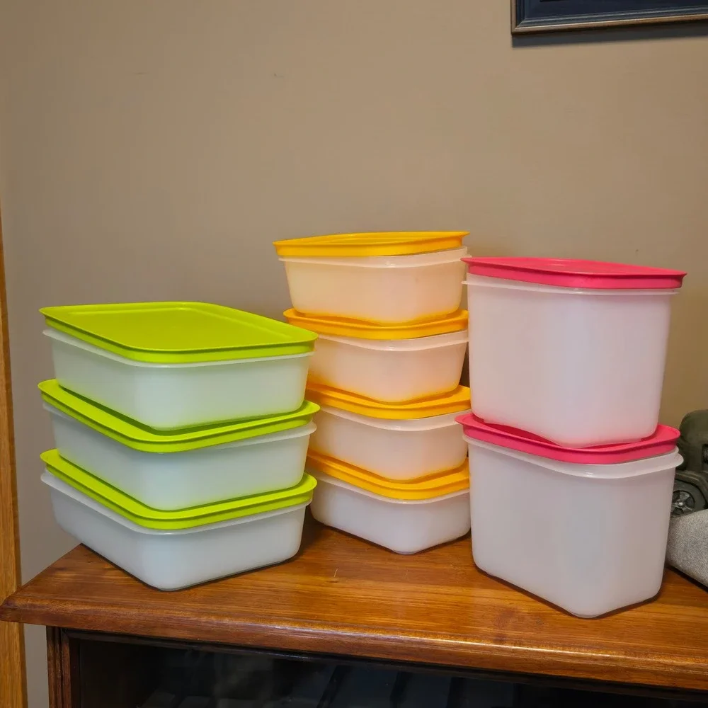 Tupperware Freezer Mates 9 Piece Set Pink Yellow Green Lids Food Storage